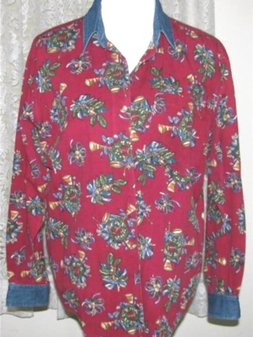 WREATHS on DARK ROSE Cotton with Denim Collar Shirt Size Medium Sun River